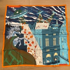 Hermes Story Scarf 90 in Blue / Orange - with scarf ring & cards + original box